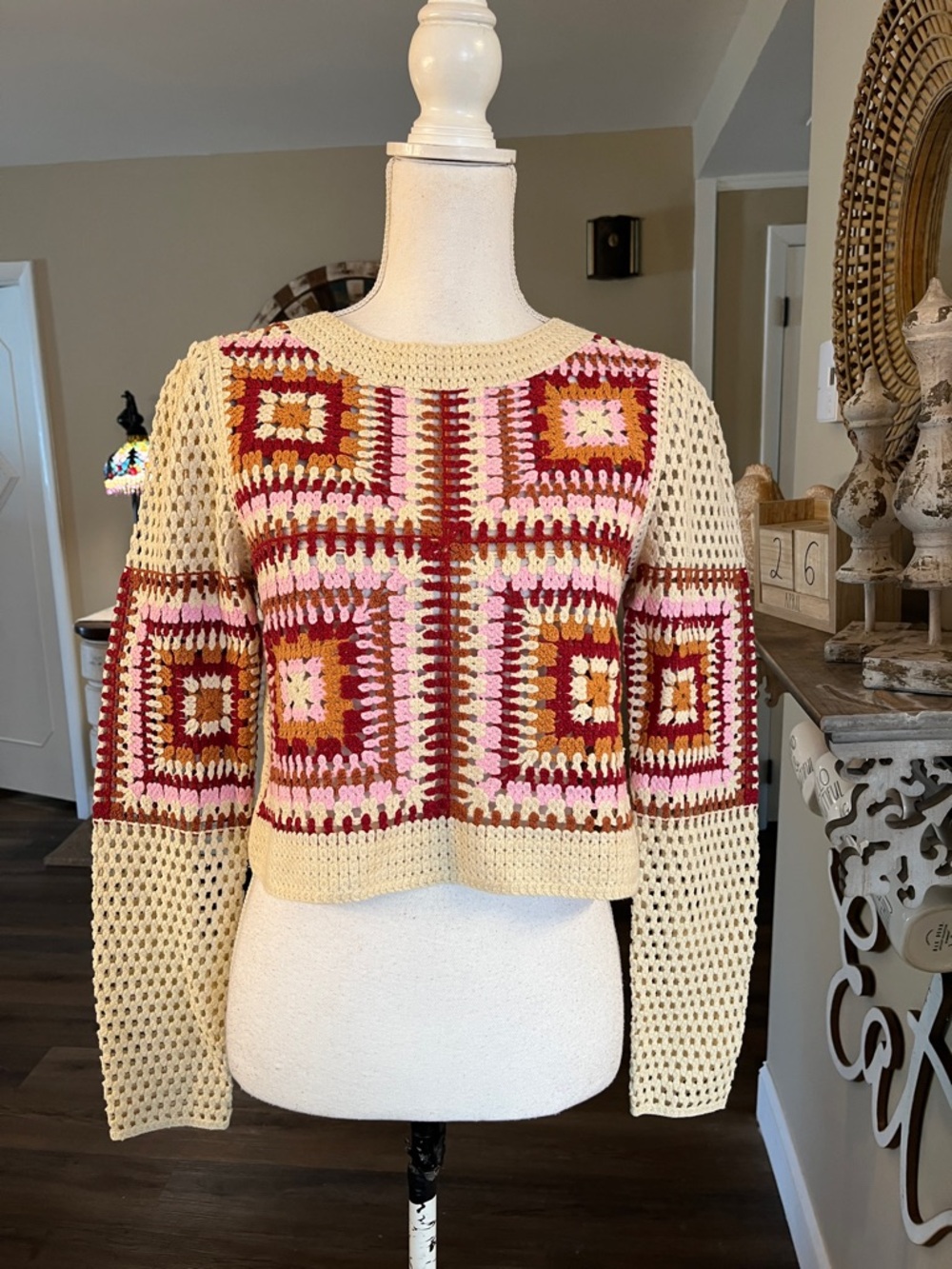 Cream Crochet Square-Panel Sweater with Pink & Red Accents